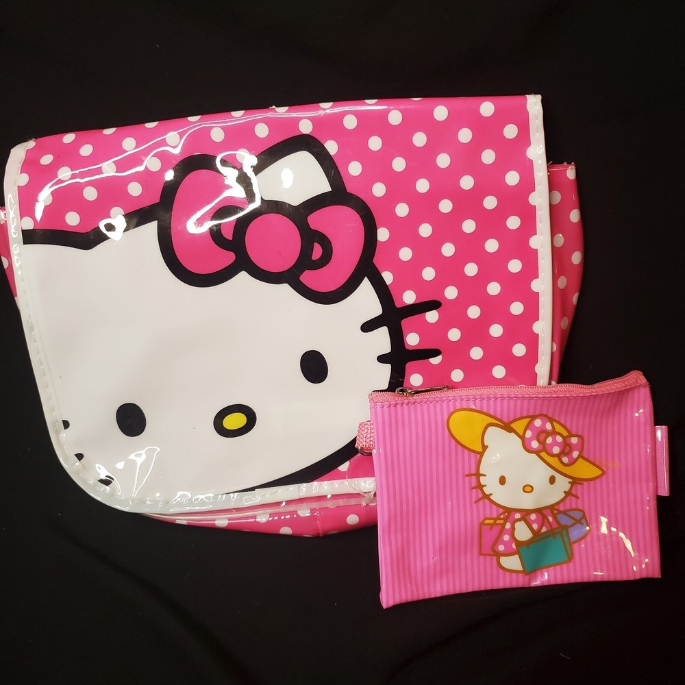 Hello Kitty Sanrio Y2K Vinyl Bag SET Of 2 Mini Backpack / Zipper Carry All Pouch